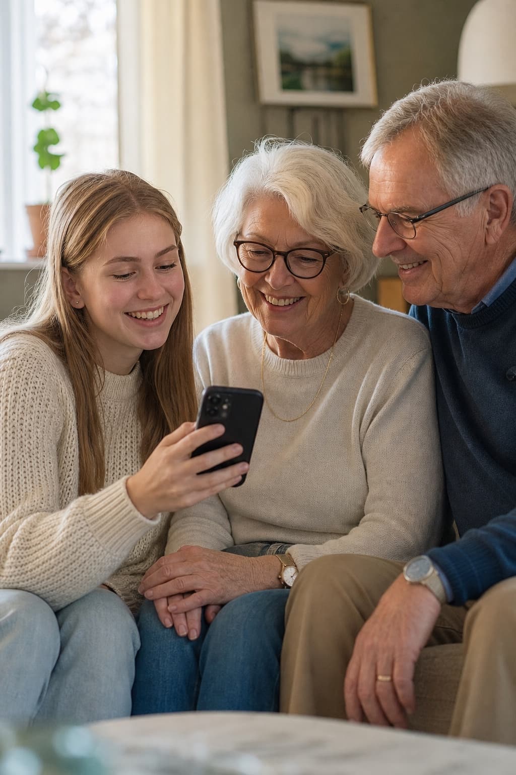 Ungdomar visar TeamDreams webshop på mobilen för sina närstående